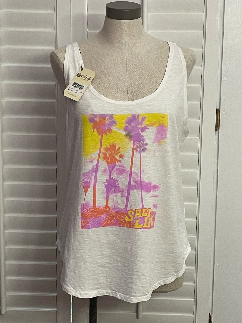 Salt Life White Tank with Yellow, Pink & Purple Palm Graphic